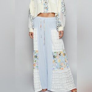 POL FLARE DOUBLE GAUZE PANTS WITH LACE DETAILS PRINTED PATCHWORK Final Sale!